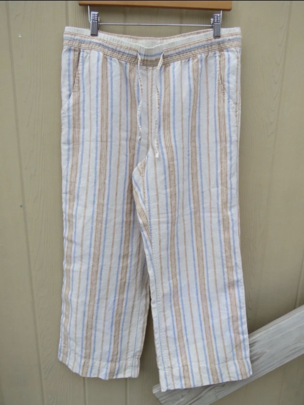 L.L. Bean Women's Striped Ankle Pants in White, Tan & Light Blue